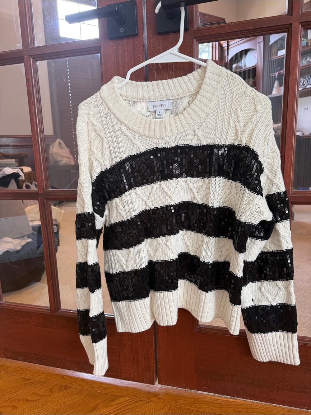 Evereve Cream Sweater with Black Sequin Stripes